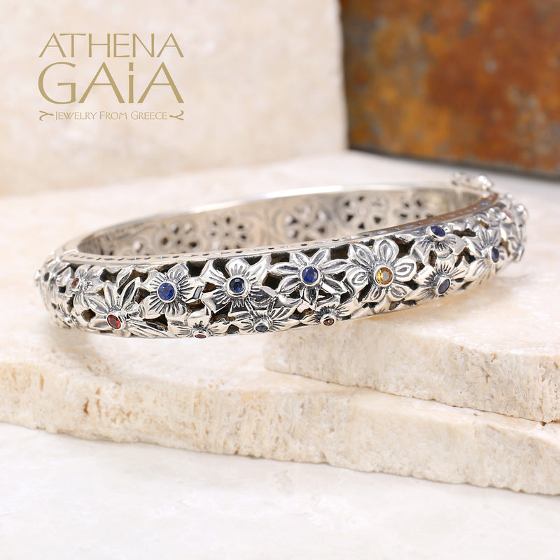 Flower Field Gemstone Bangle Bracelet - Sterling Silver - Cuff Bracelet
