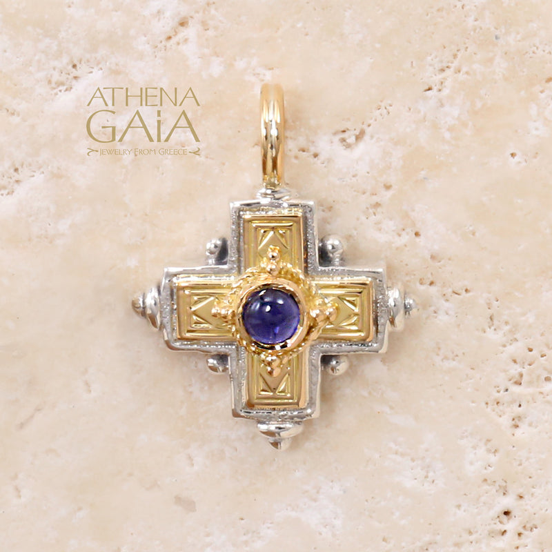 Rustic Stone Cross (Small) - 18k Gold & Sterling Silver - Greek Cross Necklace