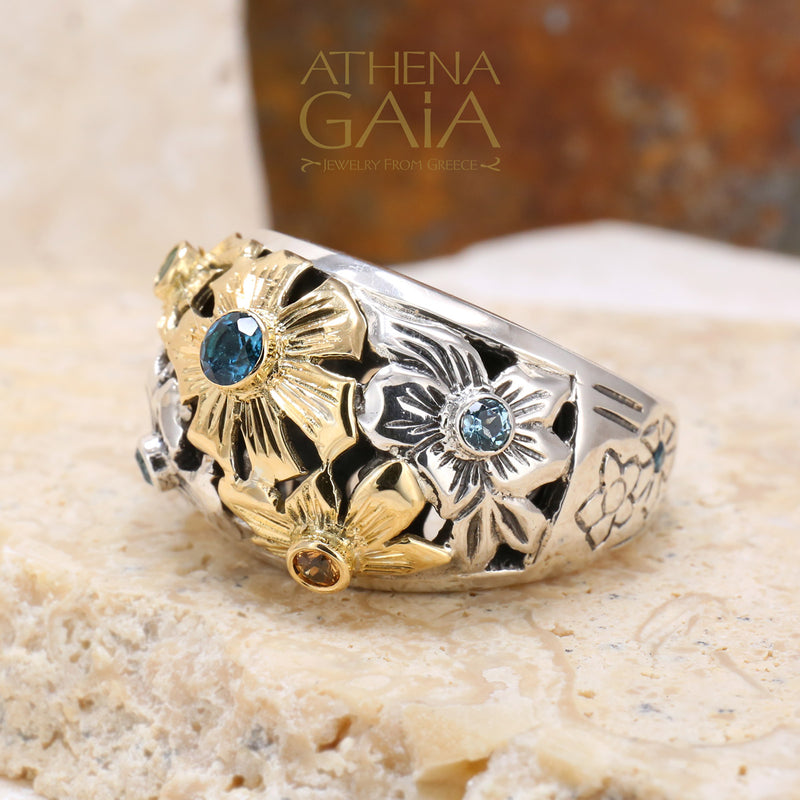 Flower Field Ring - 18k Gold & Sterling Silver Ring - Cocktail Ring