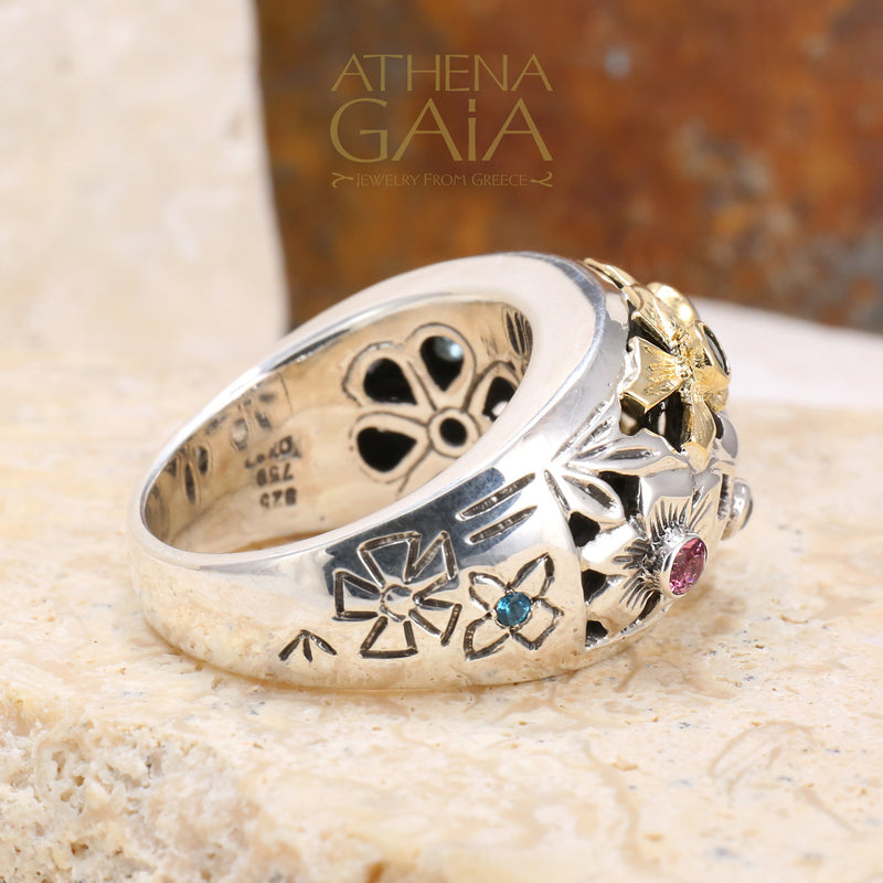 Flower Field Ring - 18k Gold & Sterling Silver Ring - Cocktail Ring