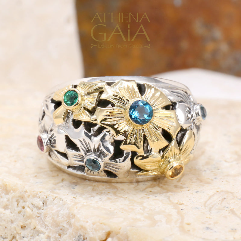 Flower Field Ring - 18k Gold & Sterling Silver Ring - Cocktail Ring