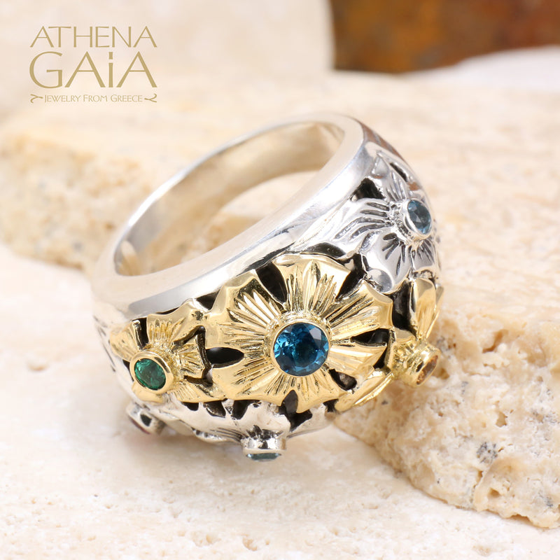 Flower Field Ring - 18k Gold & Sterling Silver Ring - Cocktail Ring