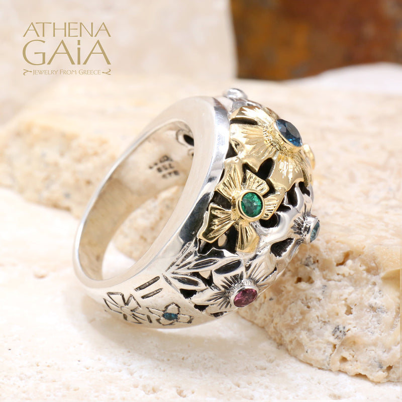 Flower Field Ring - 18k Gold & Sterling Silver Ring - Cocktail Ring