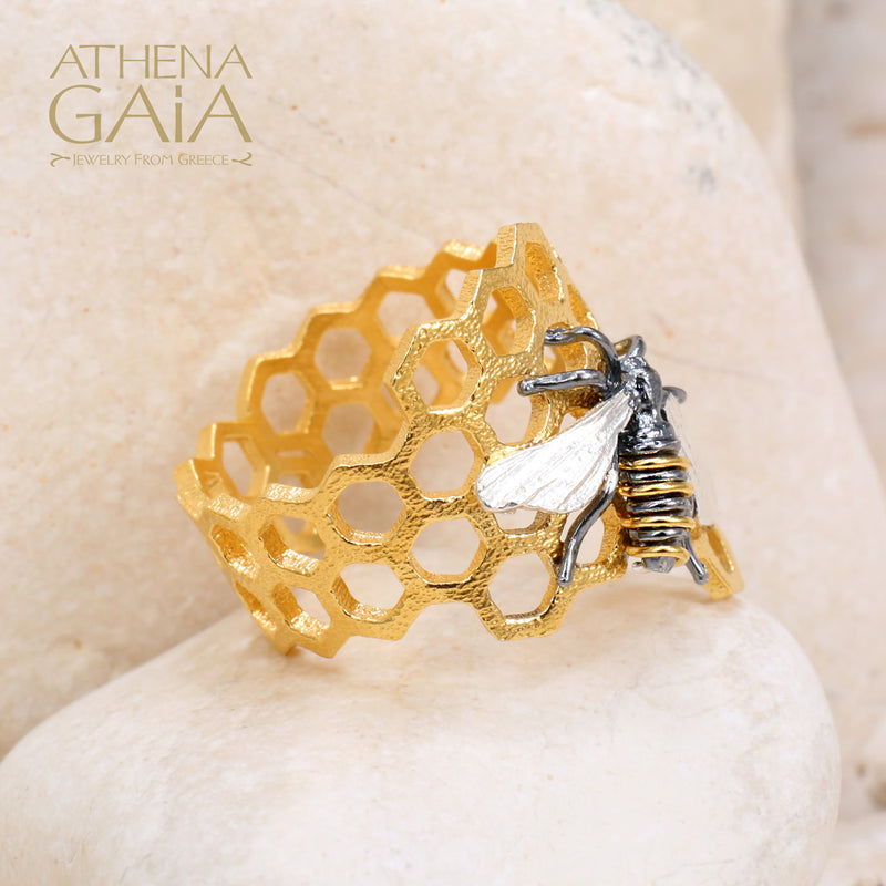 Medium Organic Honeycomb Bee Band Ring - Gold Plated Sterling Silver Ring