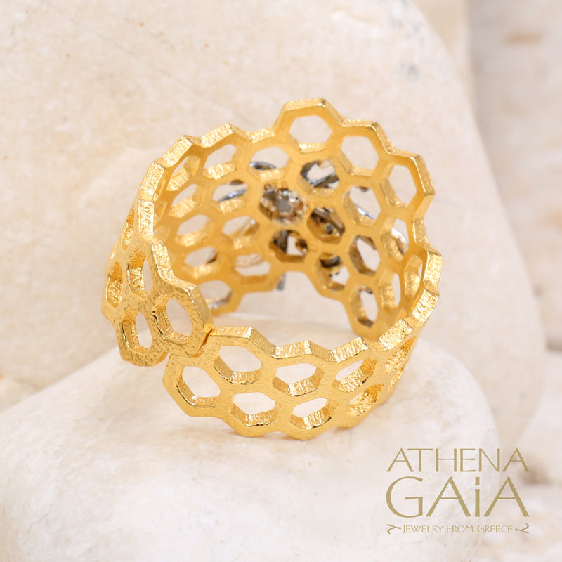 Medium Organic Honeycomb Bee Band Ring - Gold Plated Sterling Silver Ring