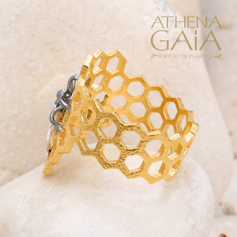 Medium Organic Honeycomb Bee Band Ring - Gold Plated Sterling Silver Ring