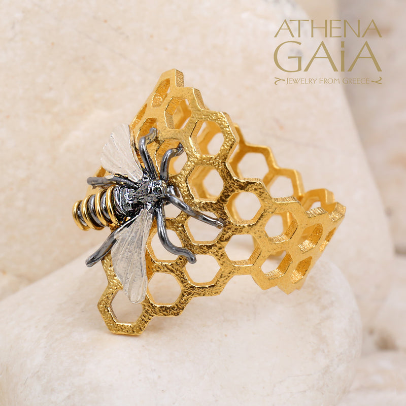 Medium Organic Honeycomb Bee Band Ring - Gold Plated Sterling Silver Ring