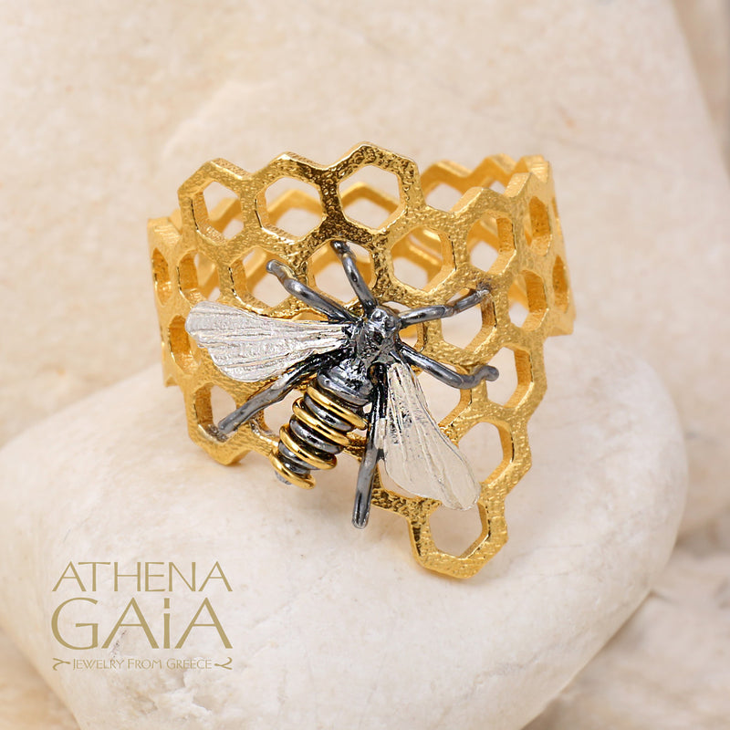 Medium Organic Honeycomb Bee Band Ring - Gold Plated Sterling Silver Ring