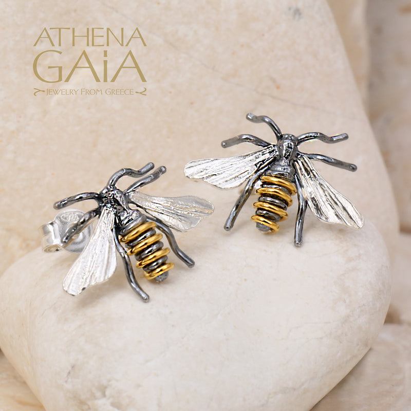 Sweet Honeybee Post Earrings (Medium) - Gold Plating and Sterling Silver Earrings