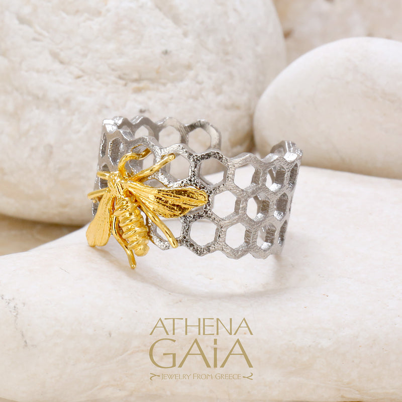 Honeybee on Honeycomb Open Band Ring - Gold Plated Sterling Silver Ring