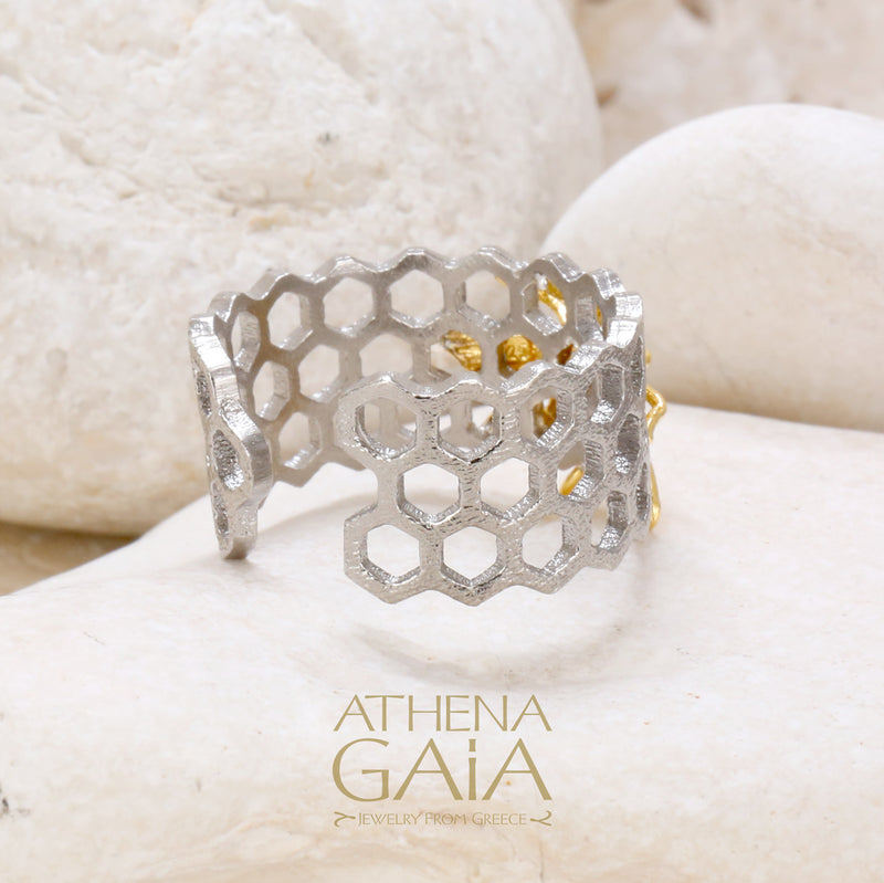 Honeybee on Honeycomb Open Band Ring - Gold Plated Sterling Silver Ring
