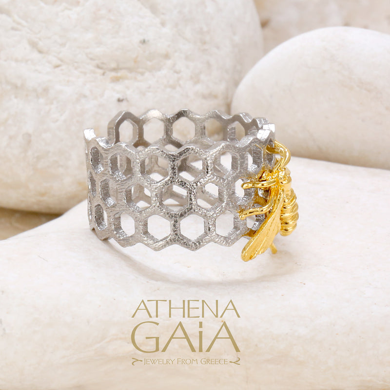 Honeybee on Honeycomb Open Band Ring - Gold Plated Sterling Silver Ring
