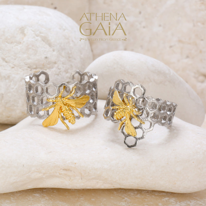 Honeybee on Honeycomb Open Band Ring - Gold Plated Sterling Silver Ring