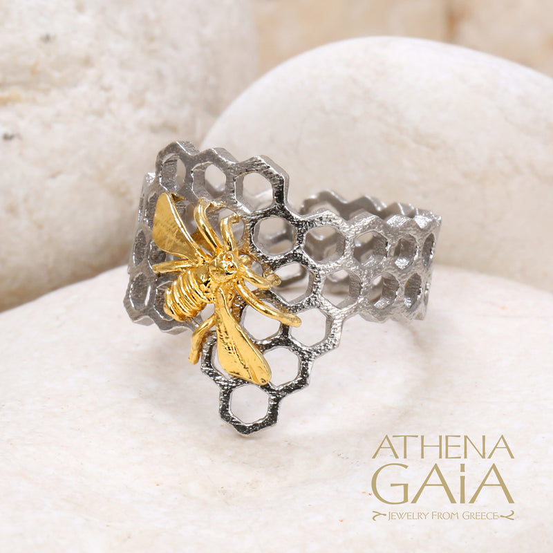 Small Organic Honeycomb Bee Band Ring - Gold Plated Sterling Silver Ring