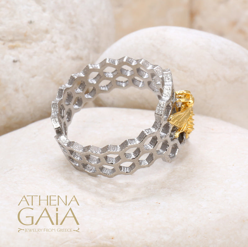 Small Organic Honeycomb Bee Band Ring - Gold Plated Sterling Silver Ring