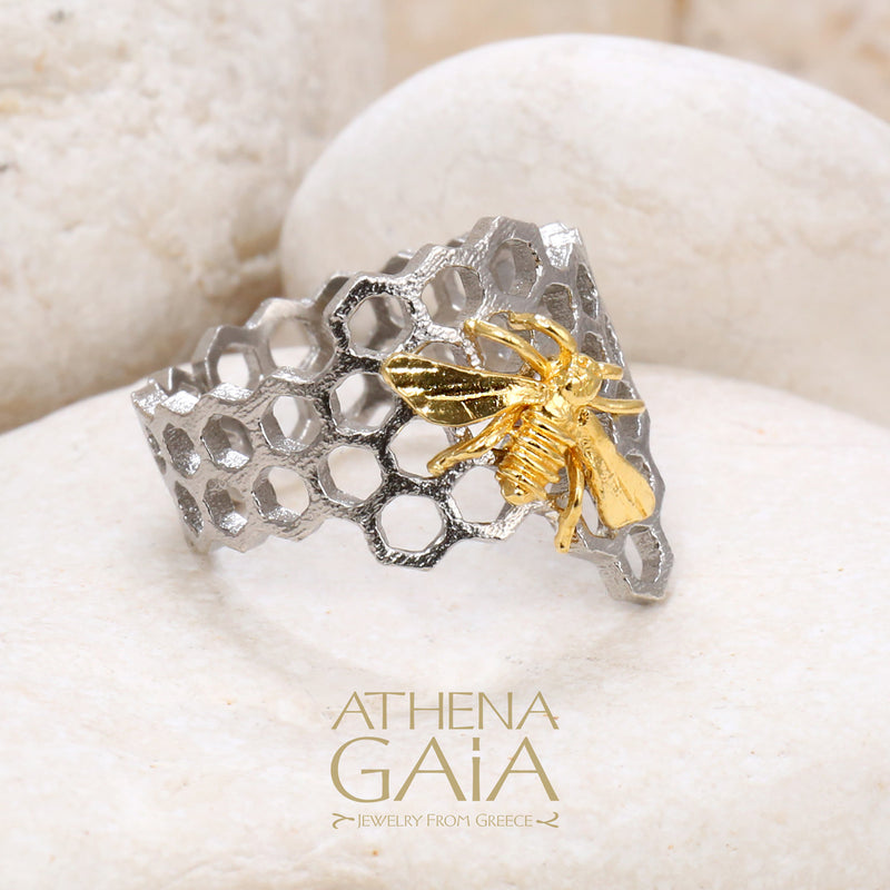 Small Organic Honeycomb Bee Band Ring - Gold Plated Sterling Silver Ring