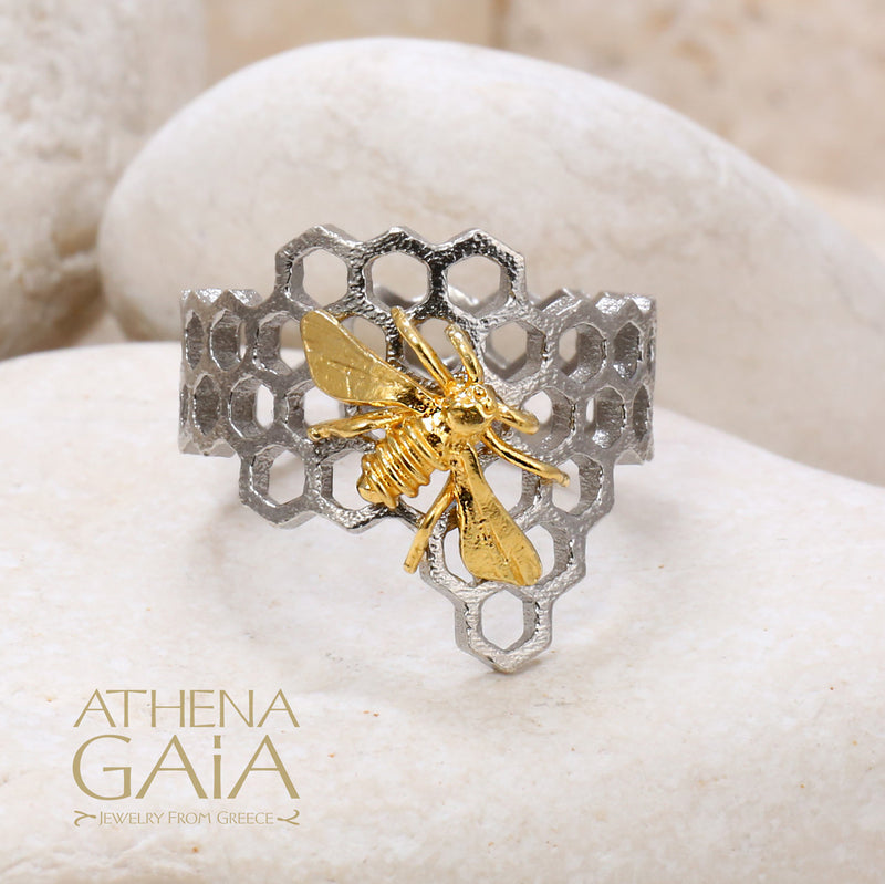 Small Organic Honeycomb Bee Band Ring - Gold Plated Sterling Silver Ring