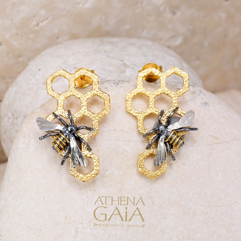 Organic Honeybee on Honeycomb Post Earrings - Gold Plated Sterling Silver Earrings