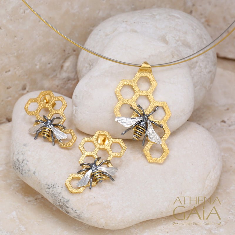 Organic Honeybee on Honeycomb Necklace - Gold Plated Sterling Silver Necklace