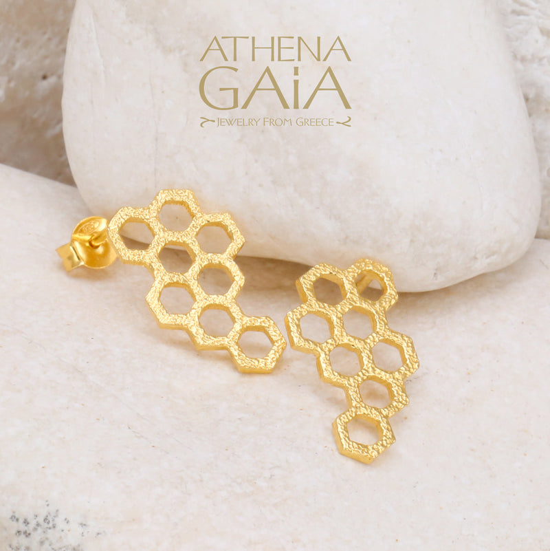 Honeycomb Post Earrings - Gold Plated Sterling Silver Earrings