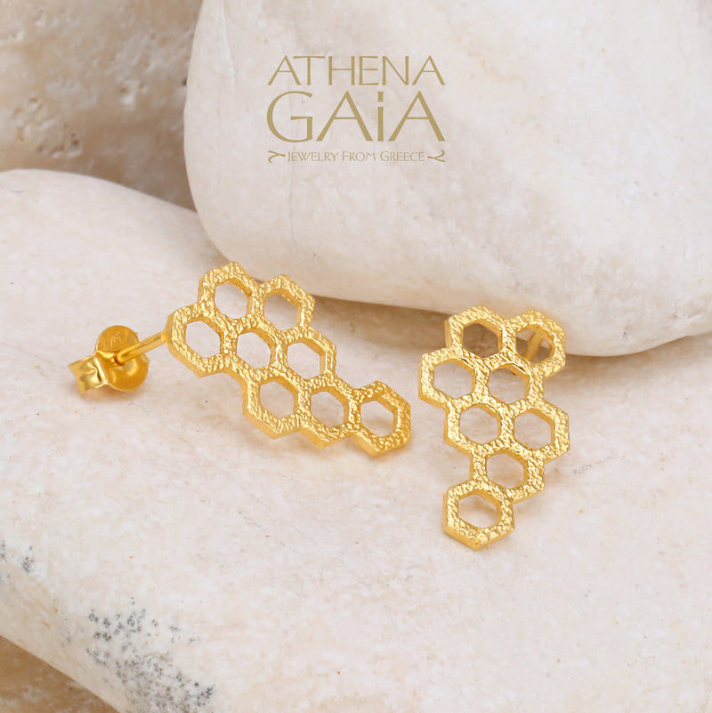 Honeycomb Post Earrings - Gold Plated Sterling Silver Earrings