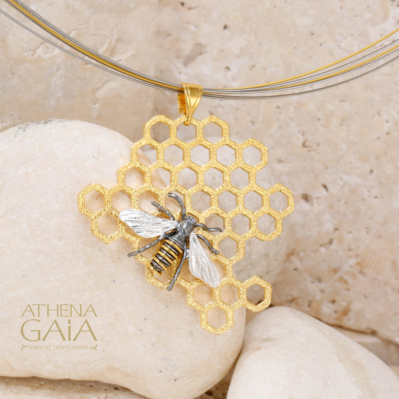 Basilissa Organic Honeycomb Bee Necklace - Gold Plated Sterling Silver Necklace