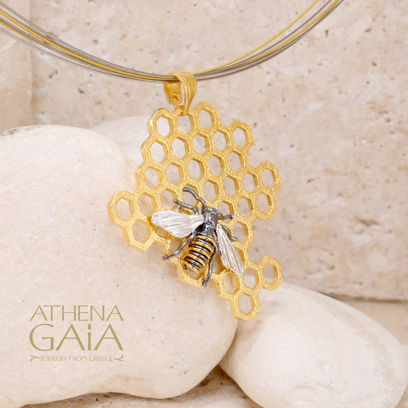 Basilissa Organic Honeycomb Bee Necklace - Gold Plated Sterling Silver Necklace