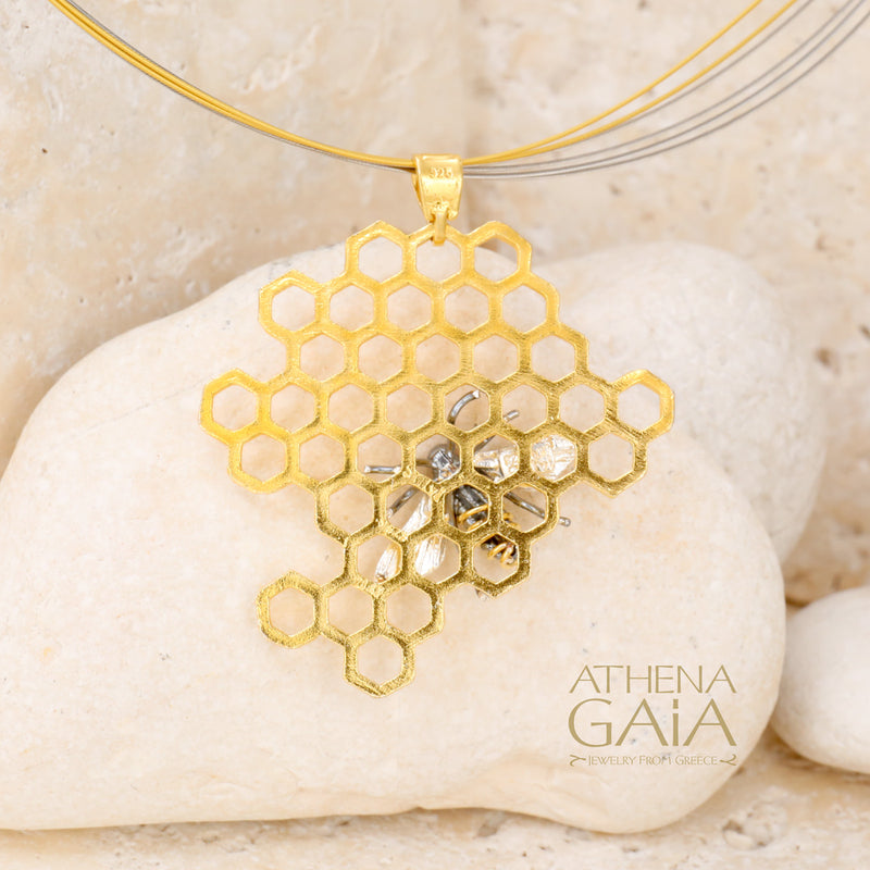 Basilissa Organic Honeycomb Bee Necklace - Gold Plated Sterling Silver Necklace