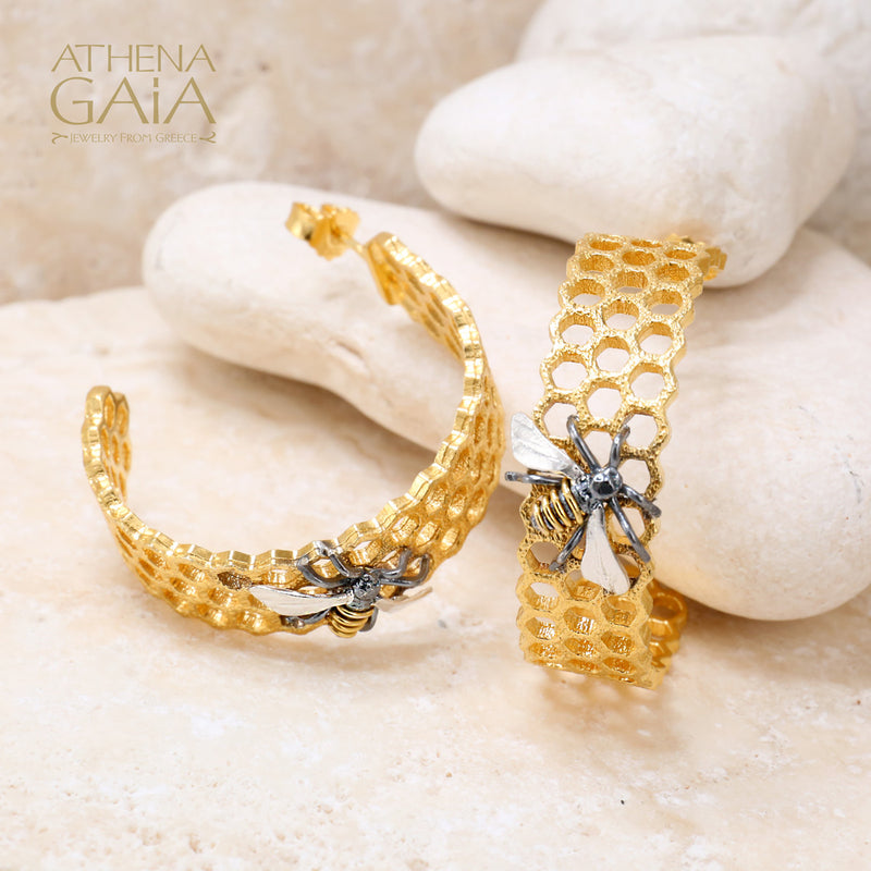 Honeybee on Honeycomb Earrings - Gold Plated Sterling Silver - Hoop Earrings