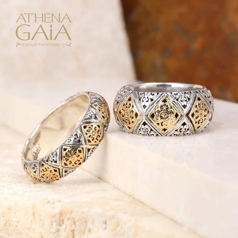 Byzantine Checker Thin Ring - 18k Gold & Sterling Silver Ring - Cigar Band Ring