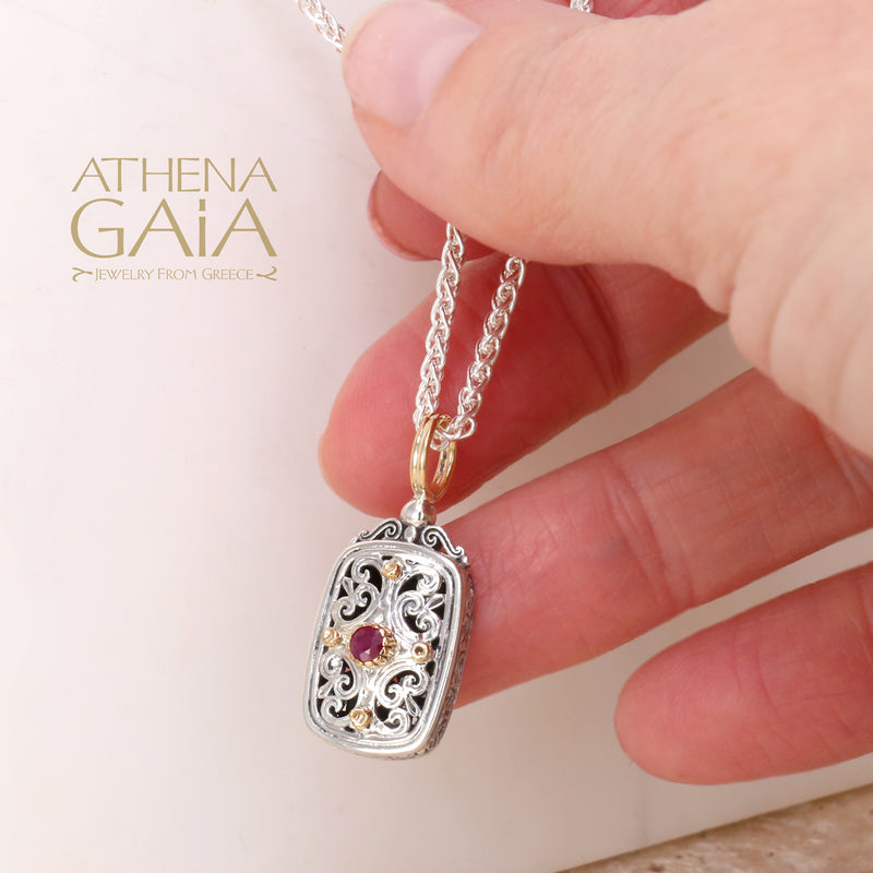 Mediterranean Ruby Tablet Pendant - 18k Gold & Sterling Silver Pendant