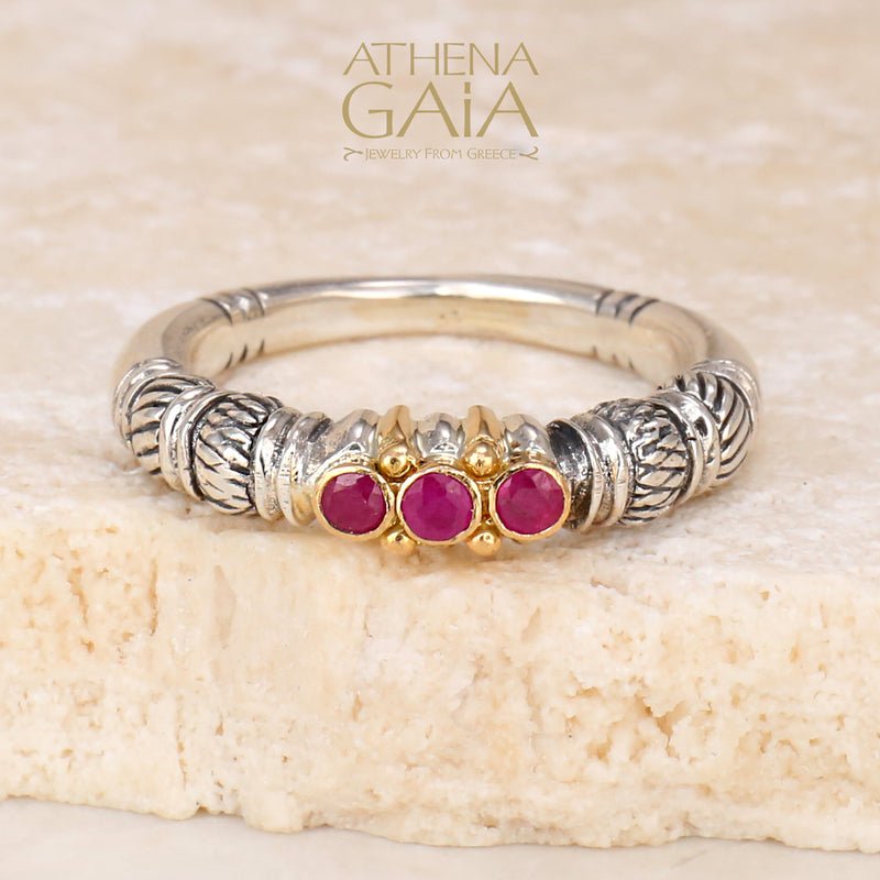 Kassandra 3-Ruby Ring - 18k Gold & Sterling Silver Ring - Stackable Ring