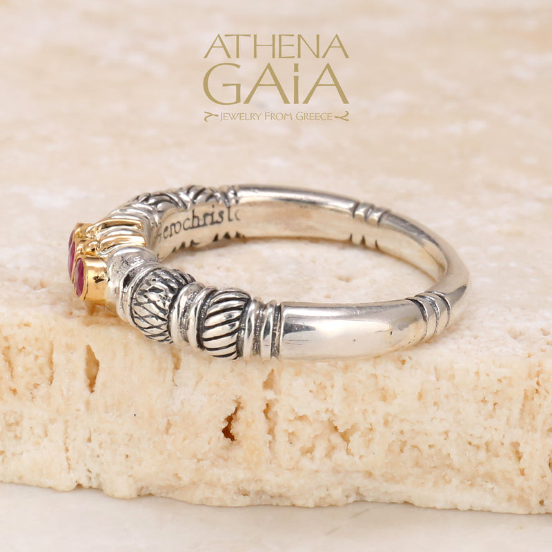 Kassandra 3-Ruby Ring - 18k Gold & Sterling Silver Ring - Stackable Ring