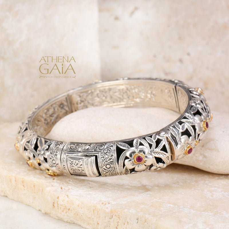 Meadow Breeze Ruby Floral Bangle Bracelet - 18k Gold & Sterling Silver - Cuff Bracelet