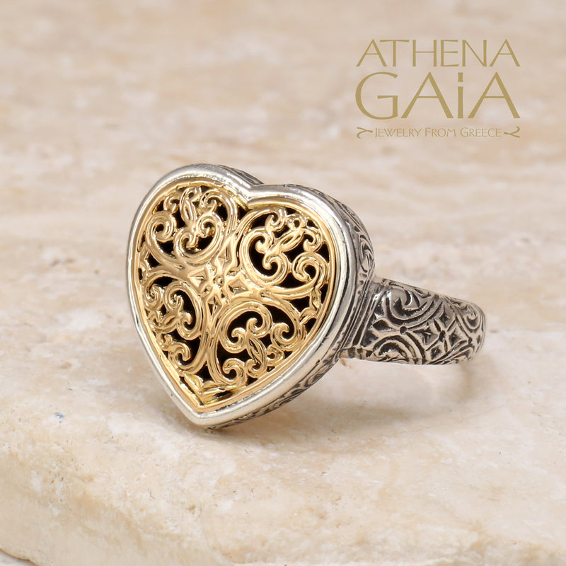 Mediterranean Heart Ring - 18k Gold & Sterling Silver Ring - Signet Ring