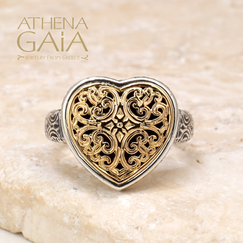 Mediterranean Heart Ring - 18k Gold & Sterling Silver Ring - Signet Ring