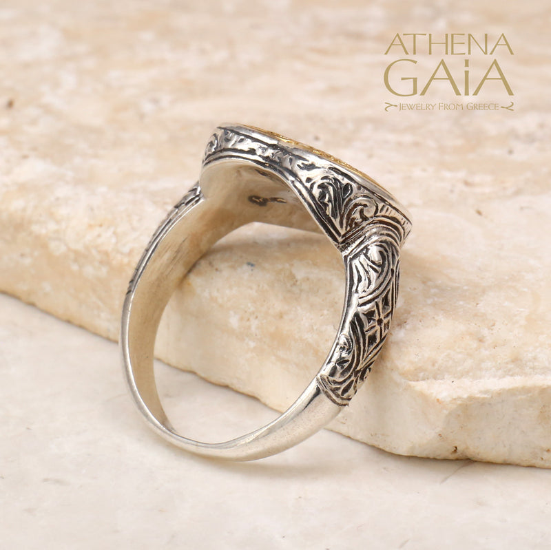 Mediterranean Heart Ring - 18k Gold & Sterling Silver Ring - Signet Ring
