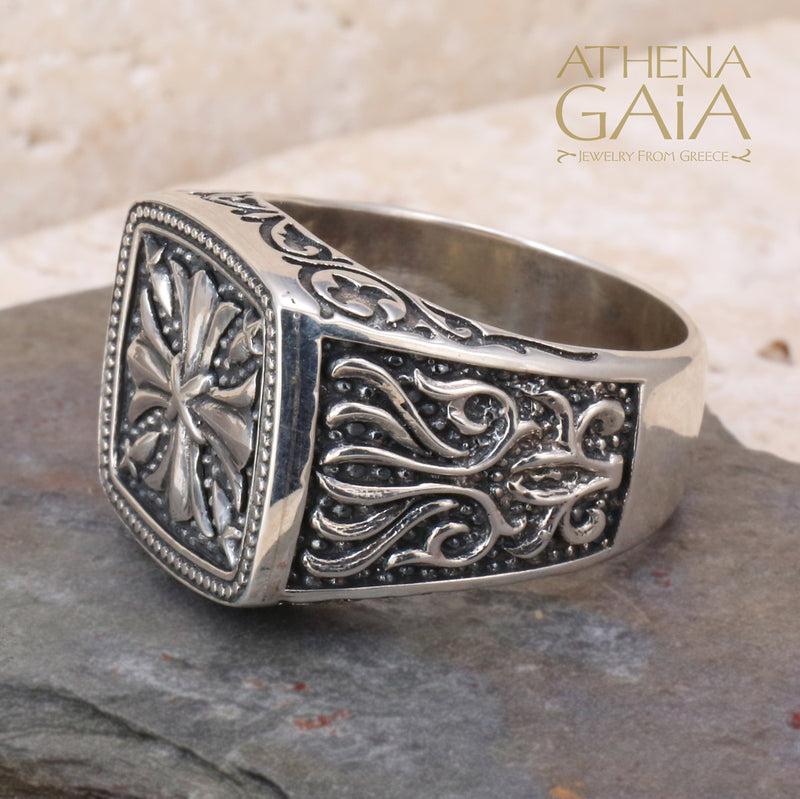Fleur Maltese Cross Ring - Sterling Silver Ring - Signet Ring