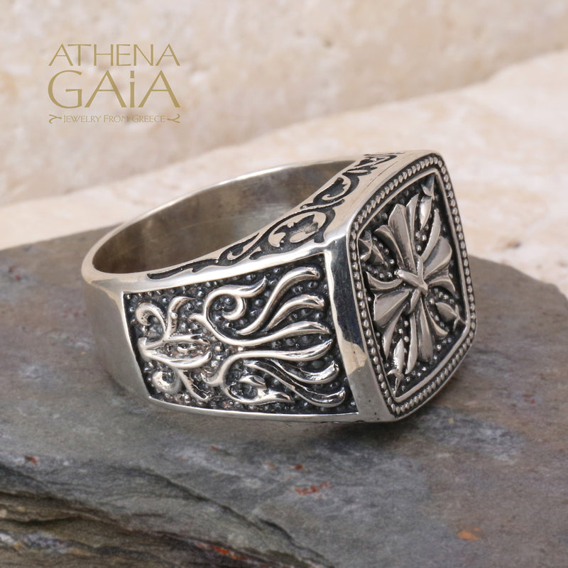 Fleur Maltese Cross Ring - Sterling Silver Ring - Signet Ring