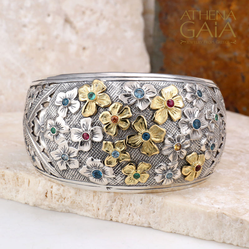 Two-Toned Flower Field Bracelet - 18k Gold & Sterling Silver - Cuff Bracelet