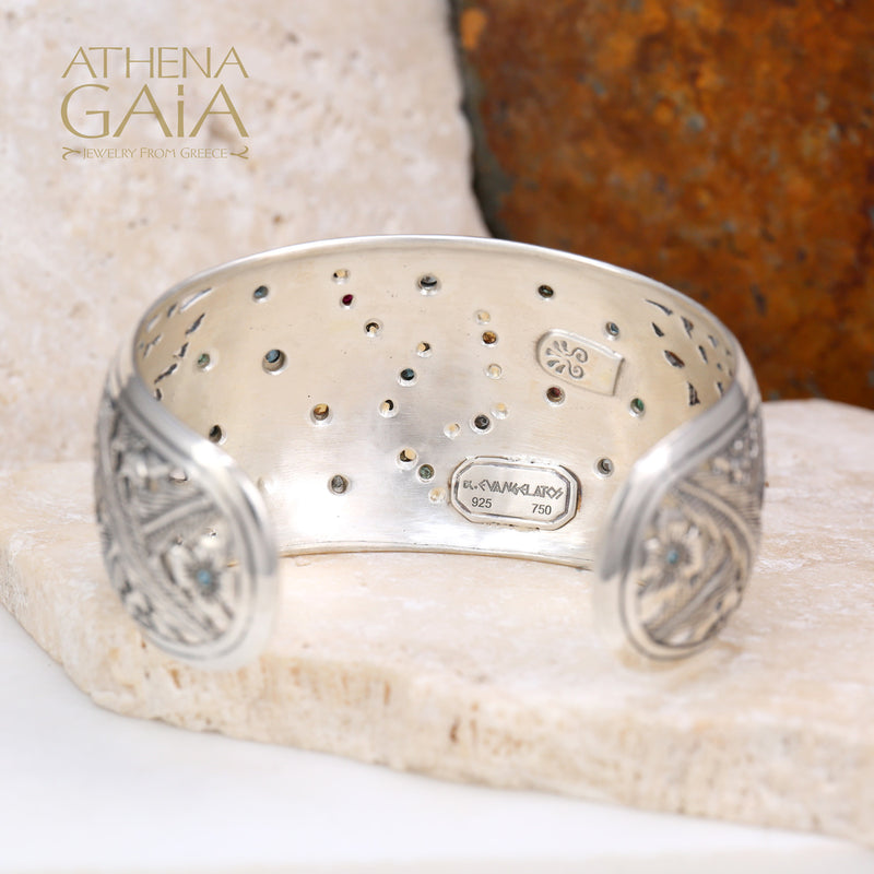 Two-Toned Flower Field Bracelet - 18k Gold & Sterling Silver - Cuff Bracelet