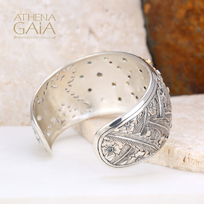 Two-Toned Flower Field Bracelet - 18k Gold & Sterling Silver - Cuff Bracelet