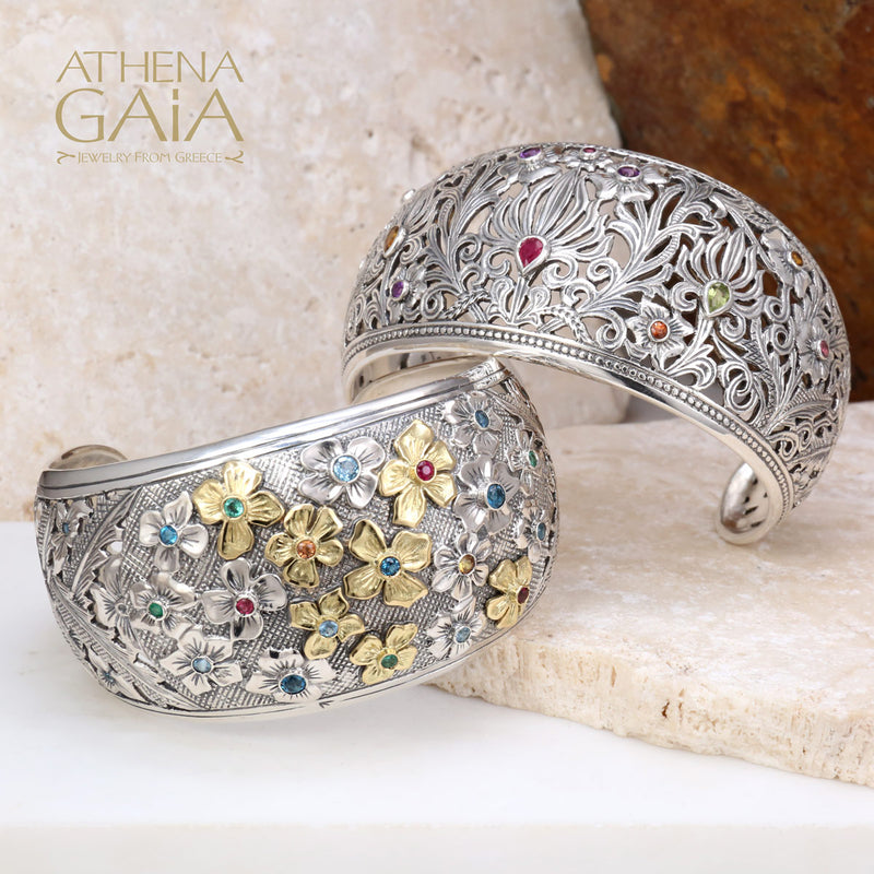Two-Toned Flower Field Bracelet - 18k Gold & Sterling Silver - Cuff Bracelet