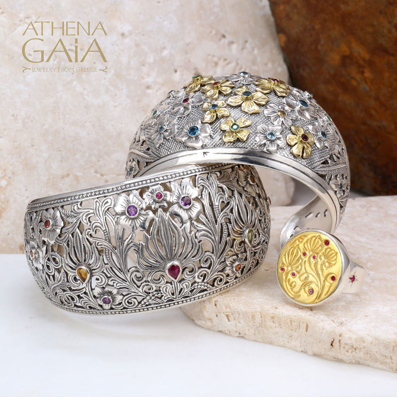 Two-Toned Flower Field Bracelet - 18k Gold & Sterling Silver - Cuff Bracelet