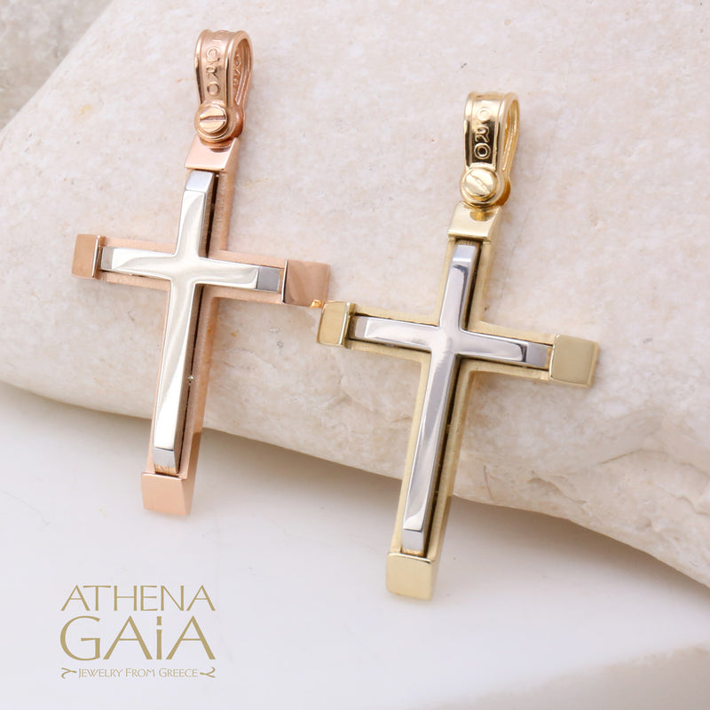 Two-Toned Beveled Cross - 14k Gold - Latin Baptismal Cross