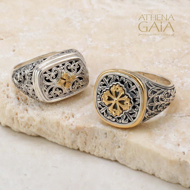 Golden Clover Border Ring - 18k Gold & Sterling Silver Ring - Signet Ring