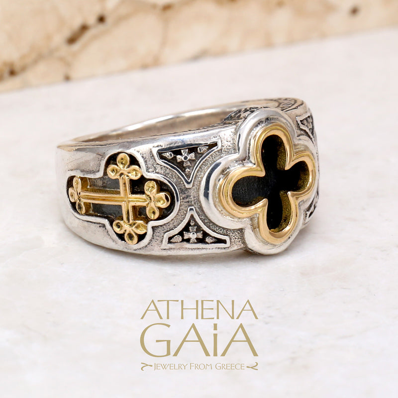 Odysseus Open Crosses Ring - 18k Gold & Sterling Silver Ring - Cigar Band Ring