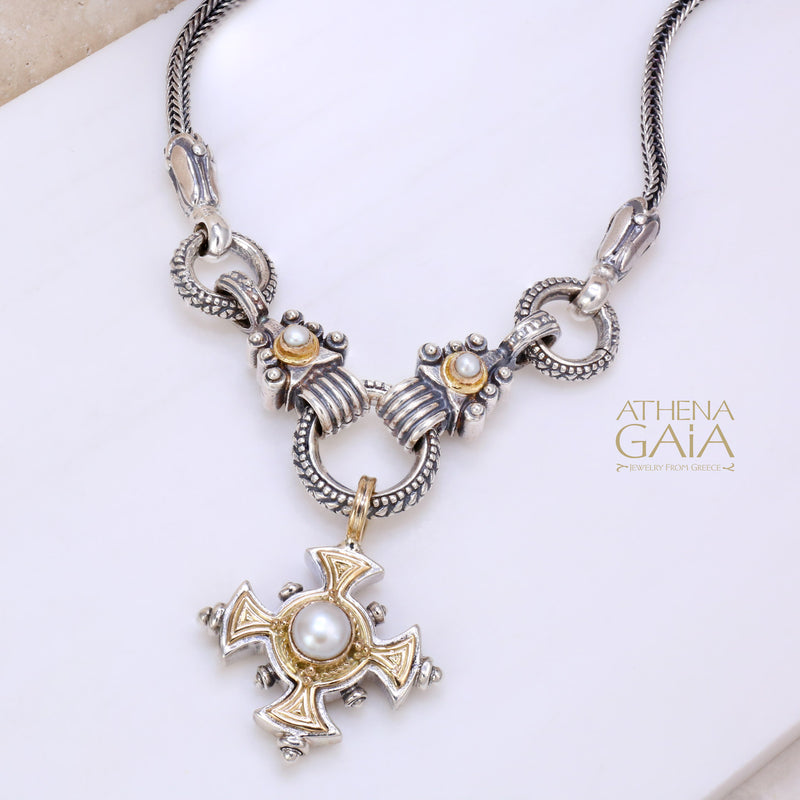 The Stone Maltese Cross (Large) - 18k Gold & Sterling Silver - Cross Necklace