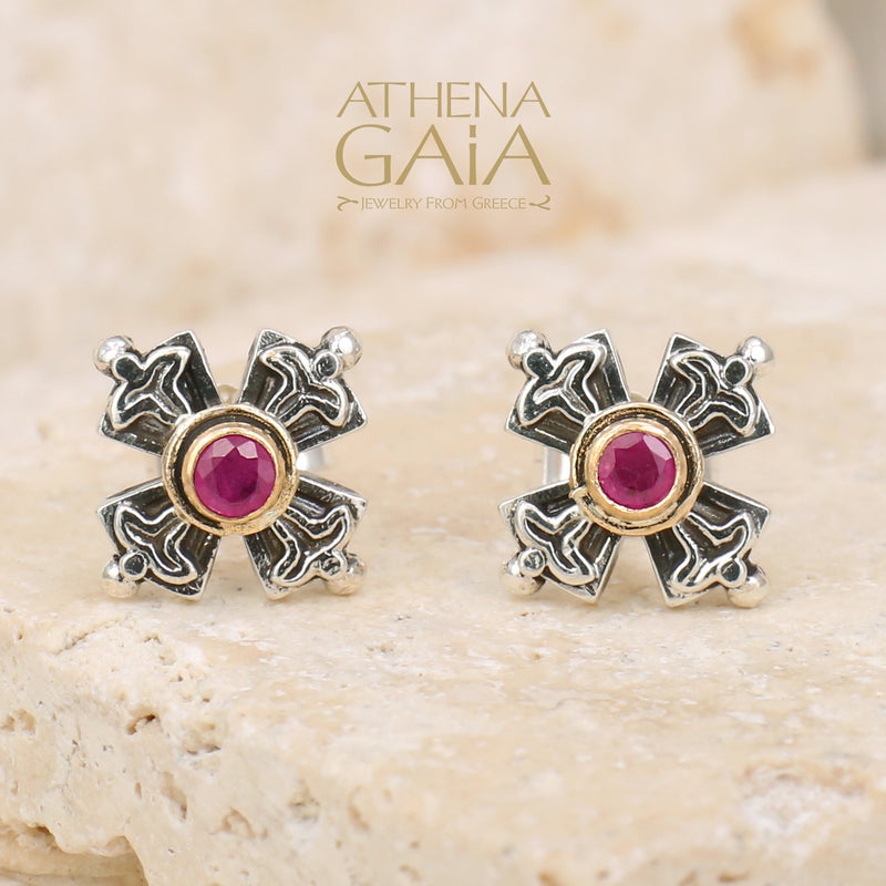 Cross Post Earrings - 18k Gold & Sterling Silver Earrings