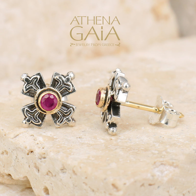 Cross Post Earrings - 18k Gold & Sterling Silver Earrings